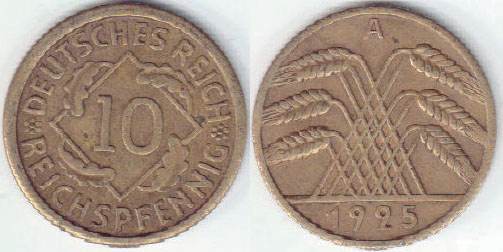 1925 A Germany 10 Reichspfennig A008032